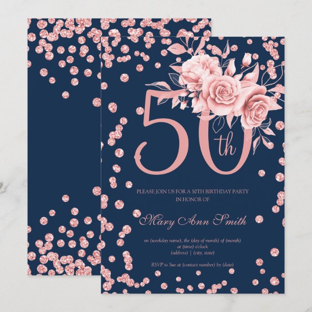Rose Gold Floral & Confetti 50th Birthday Navy  Invitation (Front/Back)