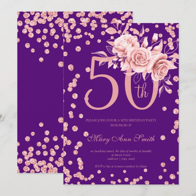 Rose Gold Floral & Confetti 50th Birthday Purple  Invitation (Front/Back)