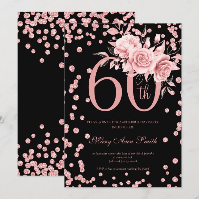 Rose Gold Floral & Confetti 60th Birthday Black  Invitation (Front/Back)