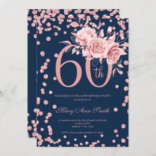 Rose Gold Floral & Confetti 60th Birthday Navy Invitation