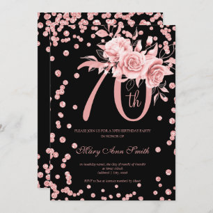 Rose Gold Floral & Confetti 70th Birthday Black Invitation