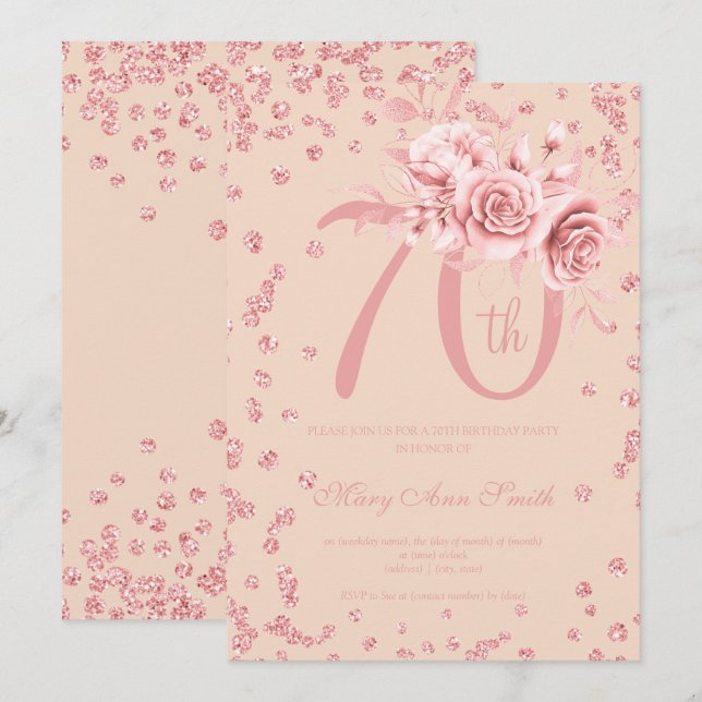Rose Gold Floral & Confetti 70th Birthday Blush  Invitation (Front/Back)