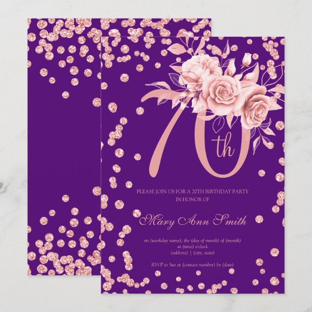 Rose Gold Floral & Confetti 70th Birthday Purple  Invitation (Front/Back)