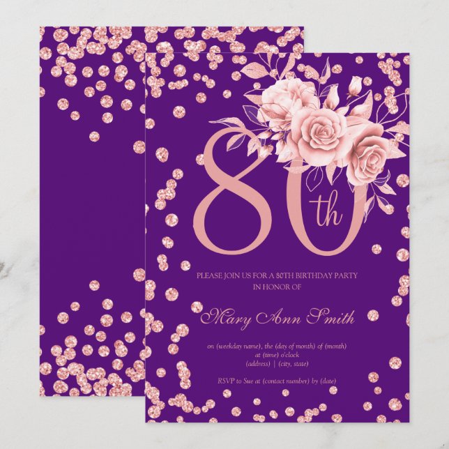 Rose Gold Floral & Confetti 80th Birthday Purple  Invitation (Front/Back)