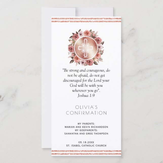Rose Gold Floral Confirmation Bookmark Favour Thank You Card (Front)