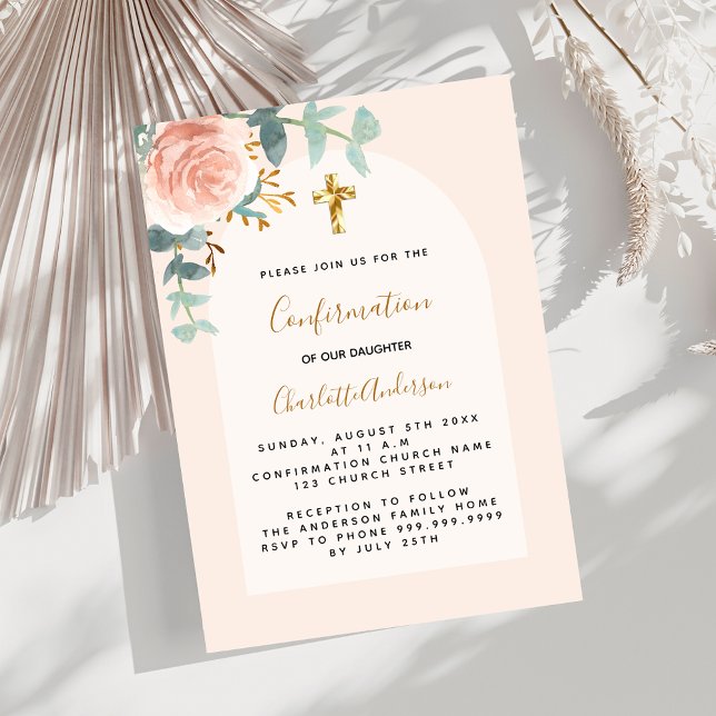 Rose gold floral cross girl luxury Confirmation Invitation (Creator Uploaded)