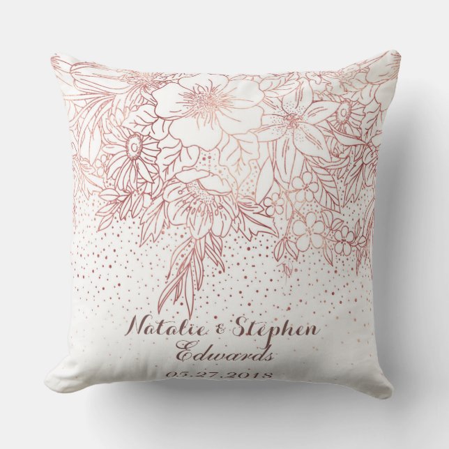Rose gold floral doodles confetti wedding cushion (Front)