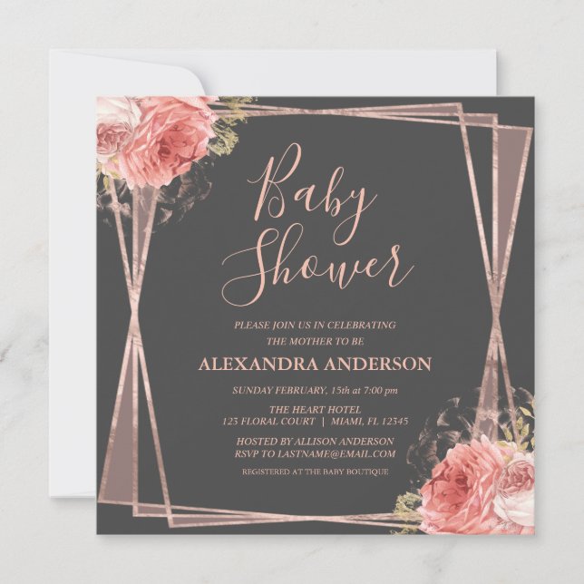Rose Gold Floral Elegant Modern Baby Shower Invitation (Front)