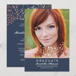 Rose Gold Floral Elegant Navy Photo Graduation Invitation