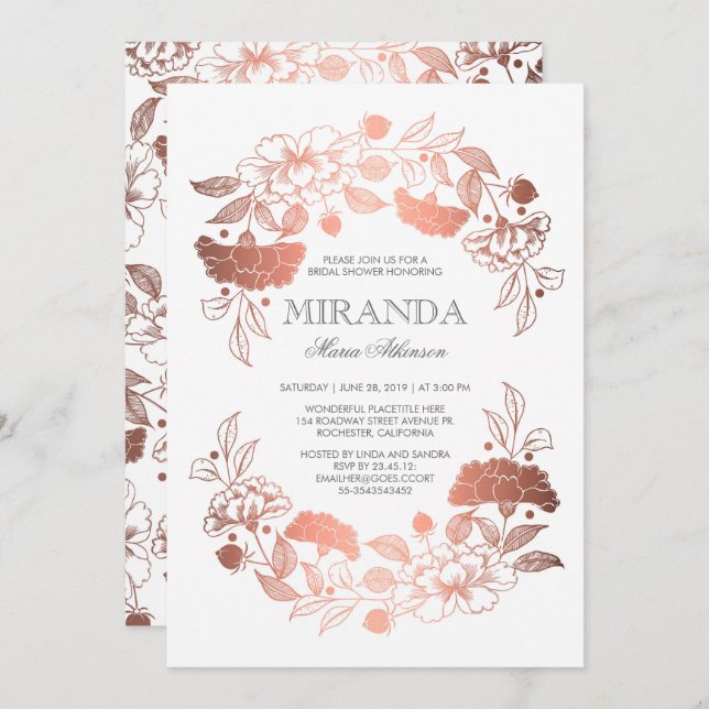 Rose Gold Floral Elegant White Bridal Shower Invitation (Front/Back)