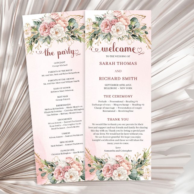 Rose Gold Floral Eucalyptus Elegant Wedding Agenda Programme (Elegant Rose Gold Floral Eucalyptus Wedding Program)