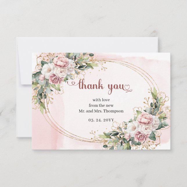 Rose Gold Floral Eucalyptus Elegant Wedding   Thank You Card (Front)