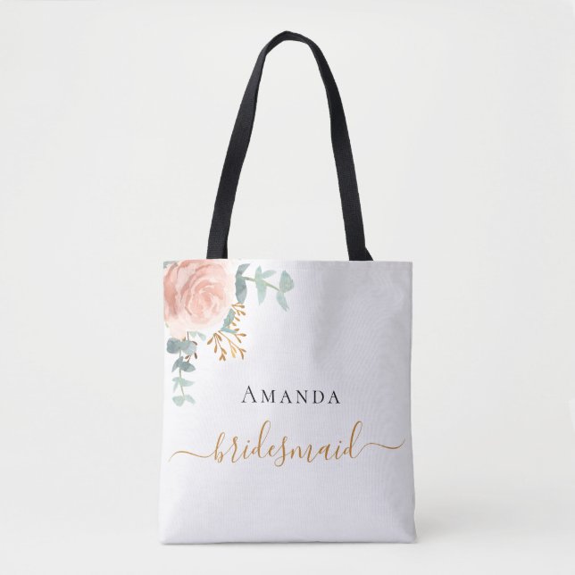 Rose gold floral eucalyptus greenery Bridesmaid Tote Bag (Front)