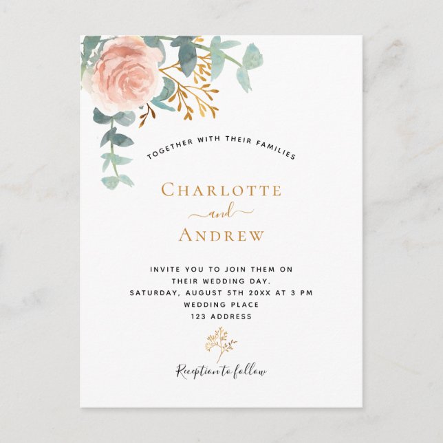 Rose gold floral eucalyptus greenery pink wedding postcard (Front)