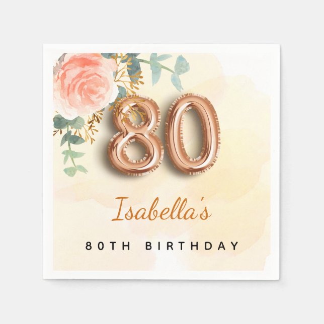 Rose gold floral eucalyptus name 80th birthday napkin (Front)