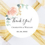 Rose gold floral eucalyptus thank you wedding classic round sticker<br><div class="desc">A stylish white background. Decorated with green watercolored rose gold and blush pink floral,  rose,  eucalyptus leaves,  sprigs,  greenery,  faux gold leaves.  Personalise and add your names and a date. With the text: Thank You!</div>