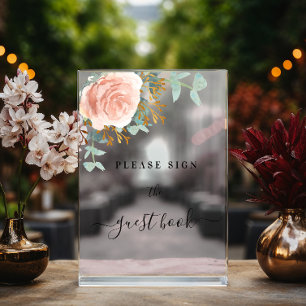 Rose gold floral eucalyptus wedding guest book acrylic sign