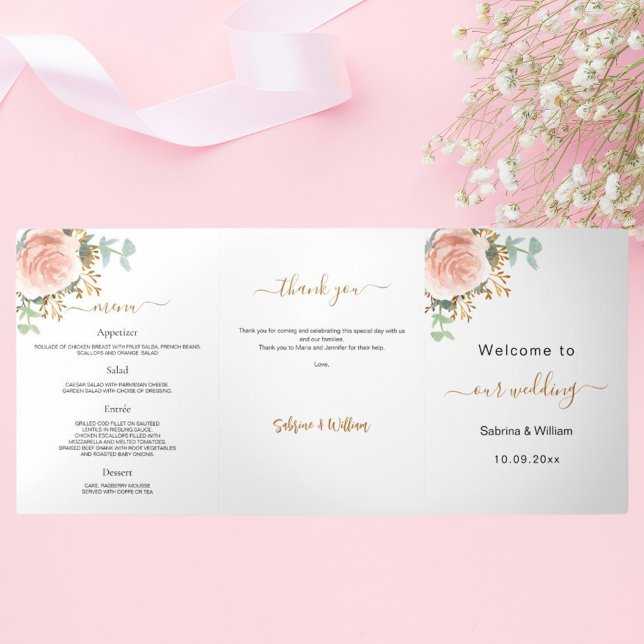 Rose gold floral eucalyptus wedding Tri-Fold programme (Creator Uploaded)