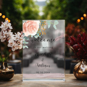 Rose gold floral eucalyptus wedding welcome acrylic sign