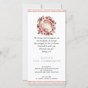 Rose Gold Floral First Communion Bookmark Favour Thank You Card
