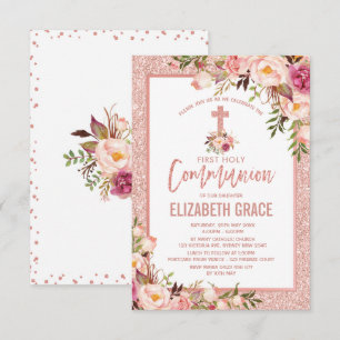 Rose Gold Floral Girl Holy Communion Invitation