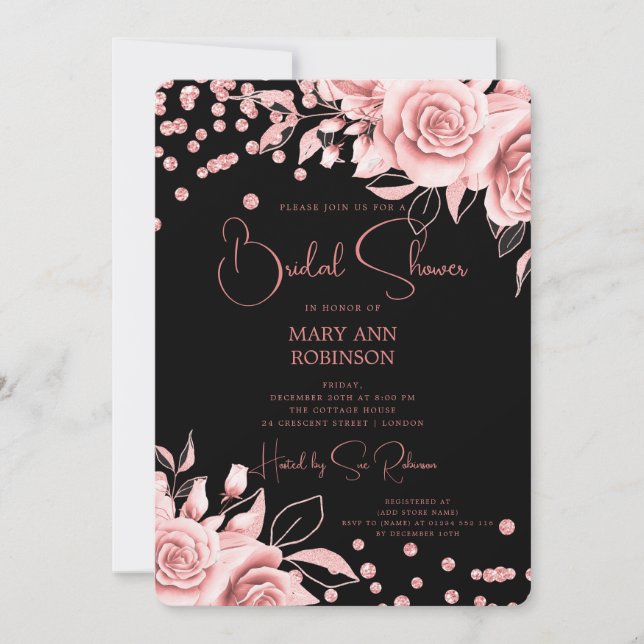 Rose Gold Floral Glitter Bridal Shower Black Invitation (Front)