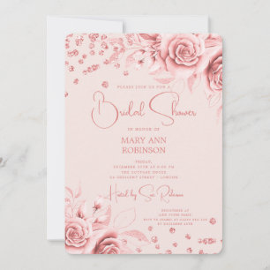 Rose Gold Floral Glitter Bridal Shower Blush Invitation