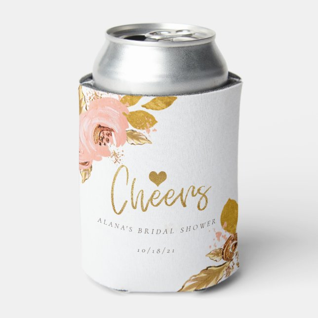 Rose Gold Floral Glitter Bridal Shower Can Cooler (Can Front)