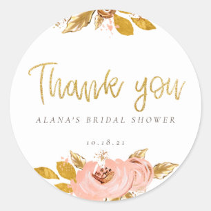 Rose Gold Floral Glitter Bridal Shower Classic Round Sticker