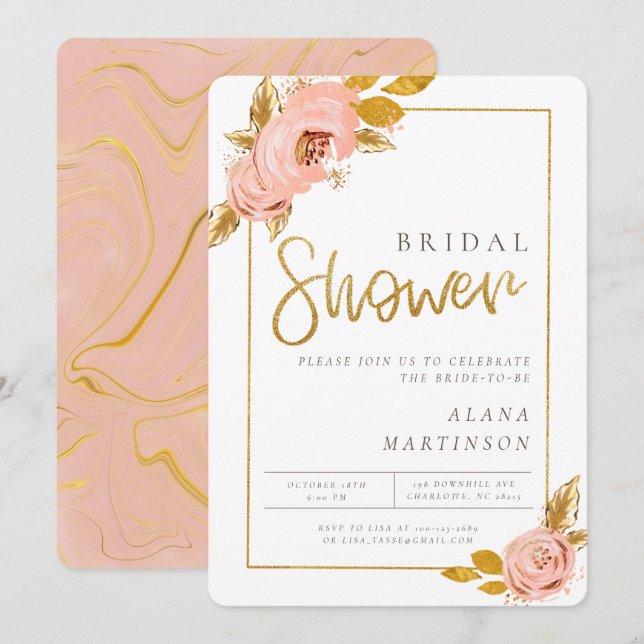 Rose Gold Floral Glitter Bridal Shower Invitation (Front/Back)