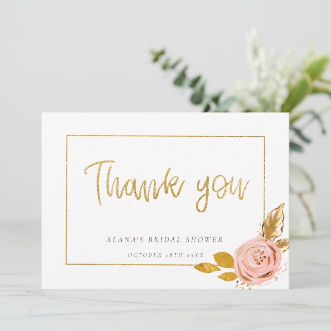 Rose Gold Floral Glitter Bridal Shower Thank You Card (Standing Front)