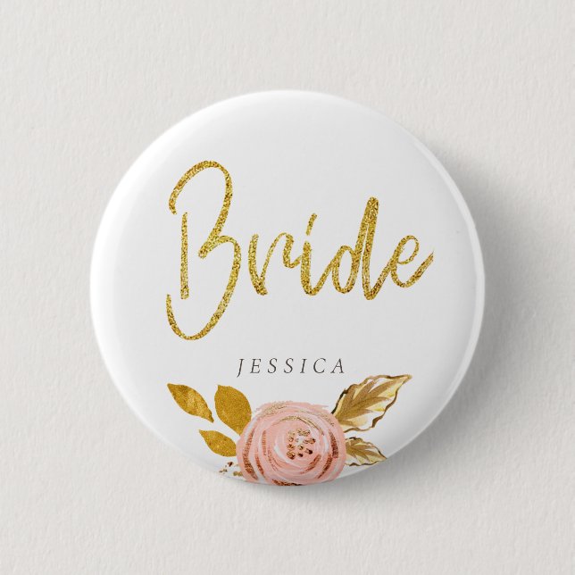 Rose Gold Floral Glitter Bride Button (Front)