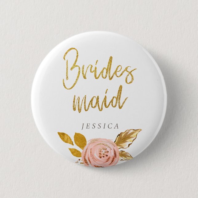 Rose Gold Floral Glitter Bridesmaid Button (Front)