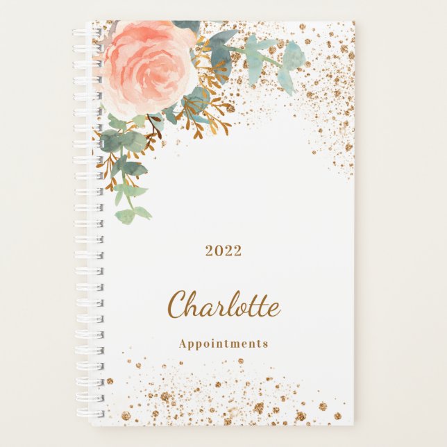 Rose gold floral glitter eucalyptus monogram 2026 planner (Front)