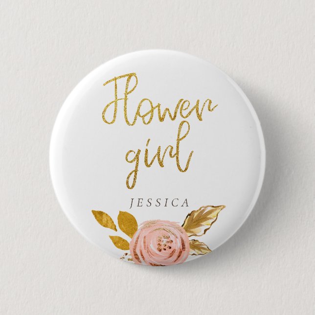 Rose Gold Floral Glitter Flower Girl Button (Front)