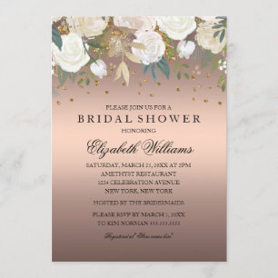 Rose Gold Floral Glitter Sparkling Bridal Shower Invitation