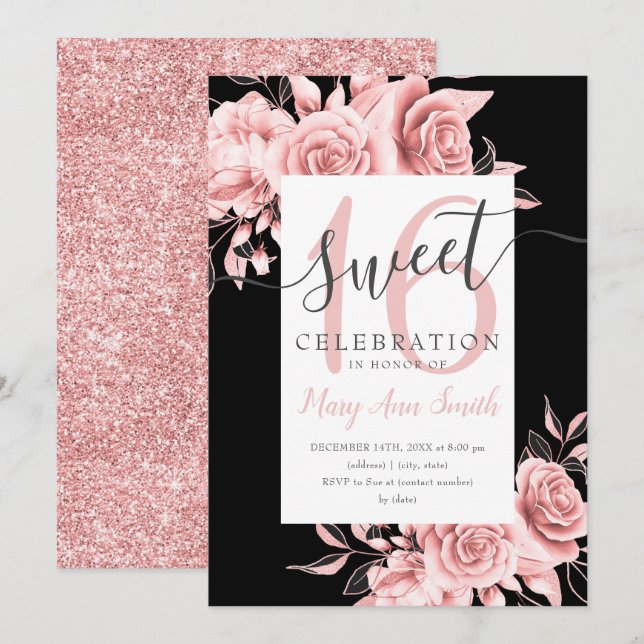 Rose Gold Floral & Glitter Sweet 16 Script Black  Invitation (Front/Back)
