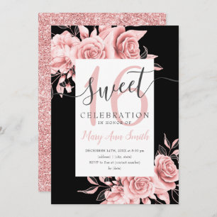 Rose Gold Floral & Glitter Sweet 16 Script Black  Invitation