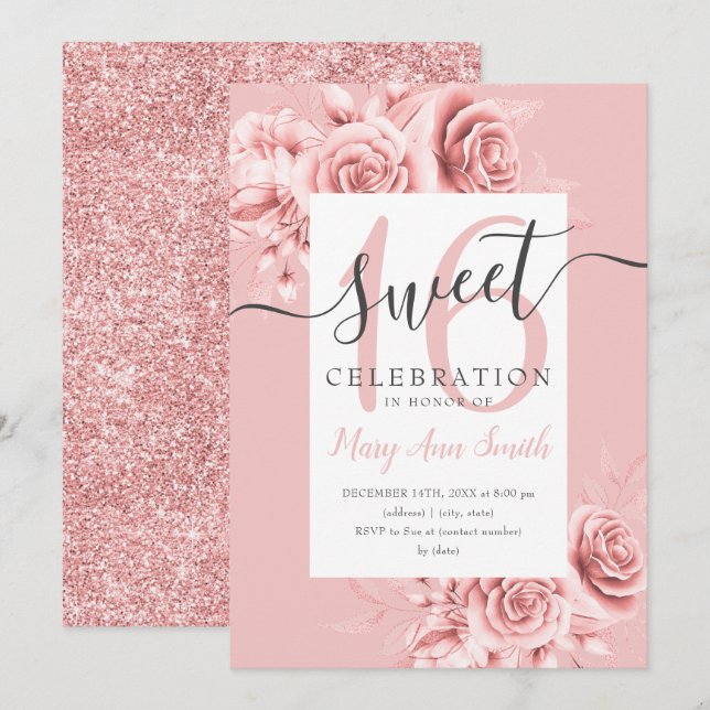 Rose Gold Floral & Glitter Sweet 16 Script Blush Invitation (Front/Back)