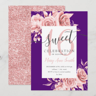 Rose Gold Floral & Glitter Sweet 16 Script Purple  Invitation
