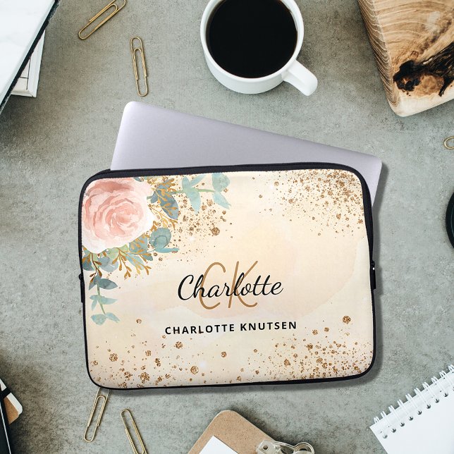 Rose gold floral gold glitter dust monogram laptop sleeve (Creator Uploaded)