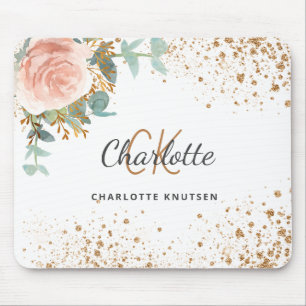 Rose gold floral gold glitter monogram name mouse mat