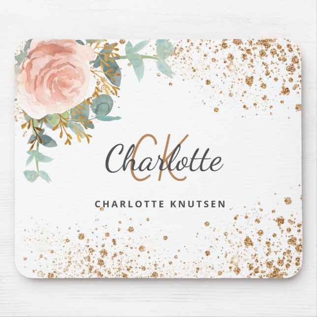 Rose gold floral gold glitter monogram name mouse mat (Front)