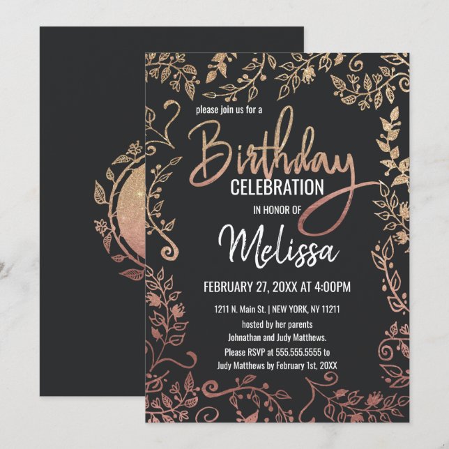 Rose Gold Floral Gold Glitter Ombre Birthday Invitation (Front/Back)