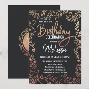 Rose Gold Floral Gold Glitter Ombre Birthday Invitation