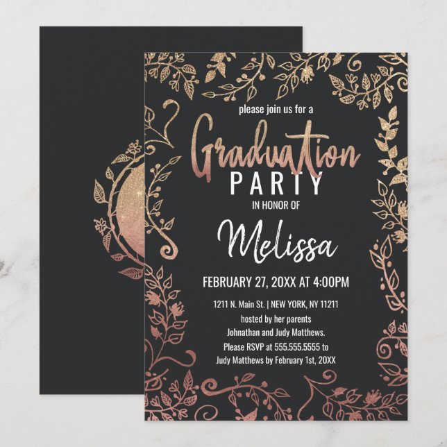 Rose Gold Floral Gold Glitter Ombre Graduation Invitation (Front/Back)