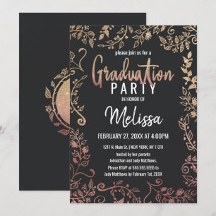 Rose Gold Floral Gold Glitter Ombre Graduation Invitation