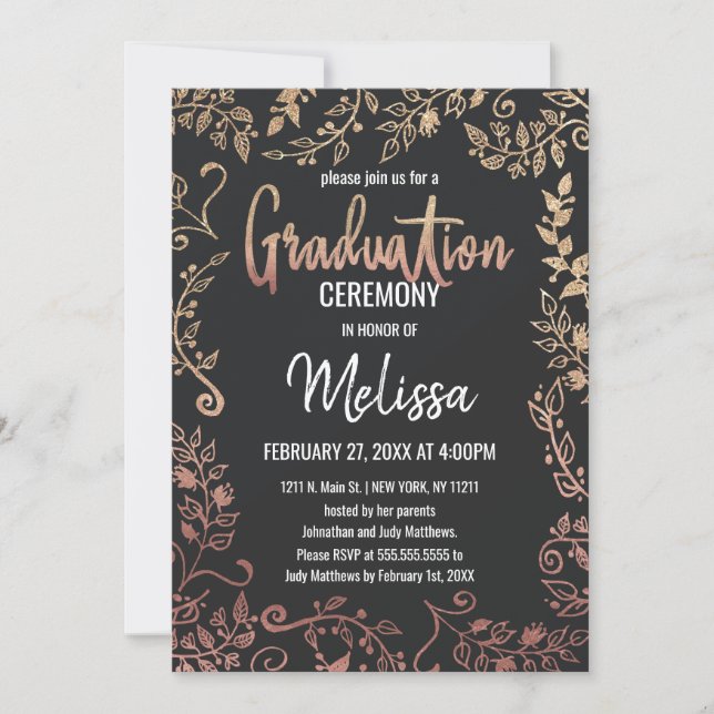 Rose Gold Floral Gold Glitter Ombre Graduation Invitation (Front)