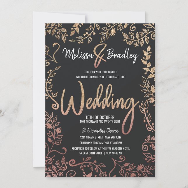 Rose Gold Floral Gold Glitter Ombre Wedding Invitation (Front)