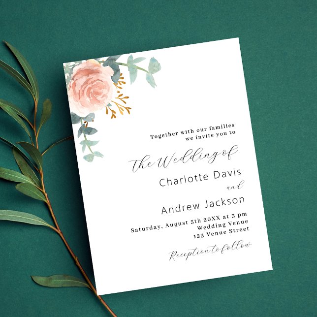 Rose gold floral green budget wedding invitation flyer (Creator Uploaded)